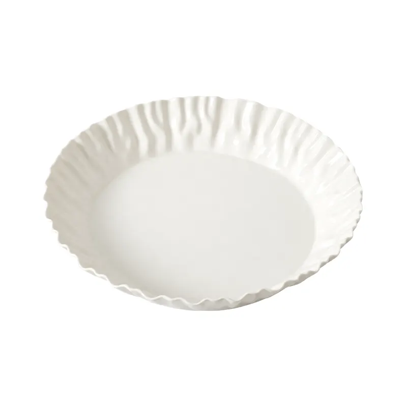 White Fluted Ceramic Dish With Scalloped Rim